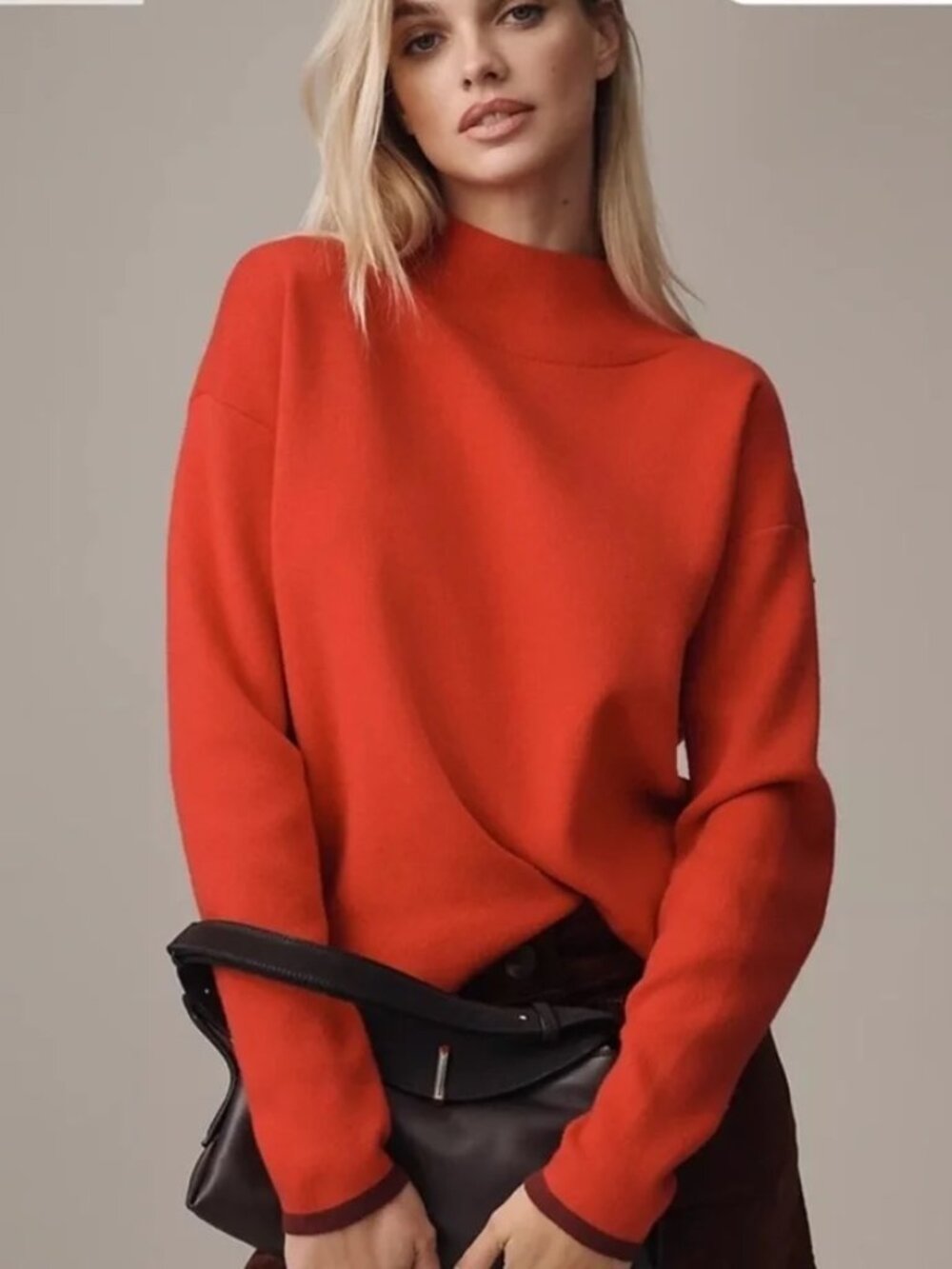 Anthropologie Maeve Carys Red Mock Neck Boxy Sweater with Dark Trim XS